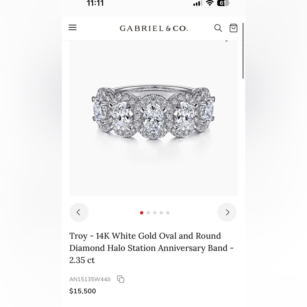Gabriel &Co white gold 5 stone halo anniversary ring 2.35ct